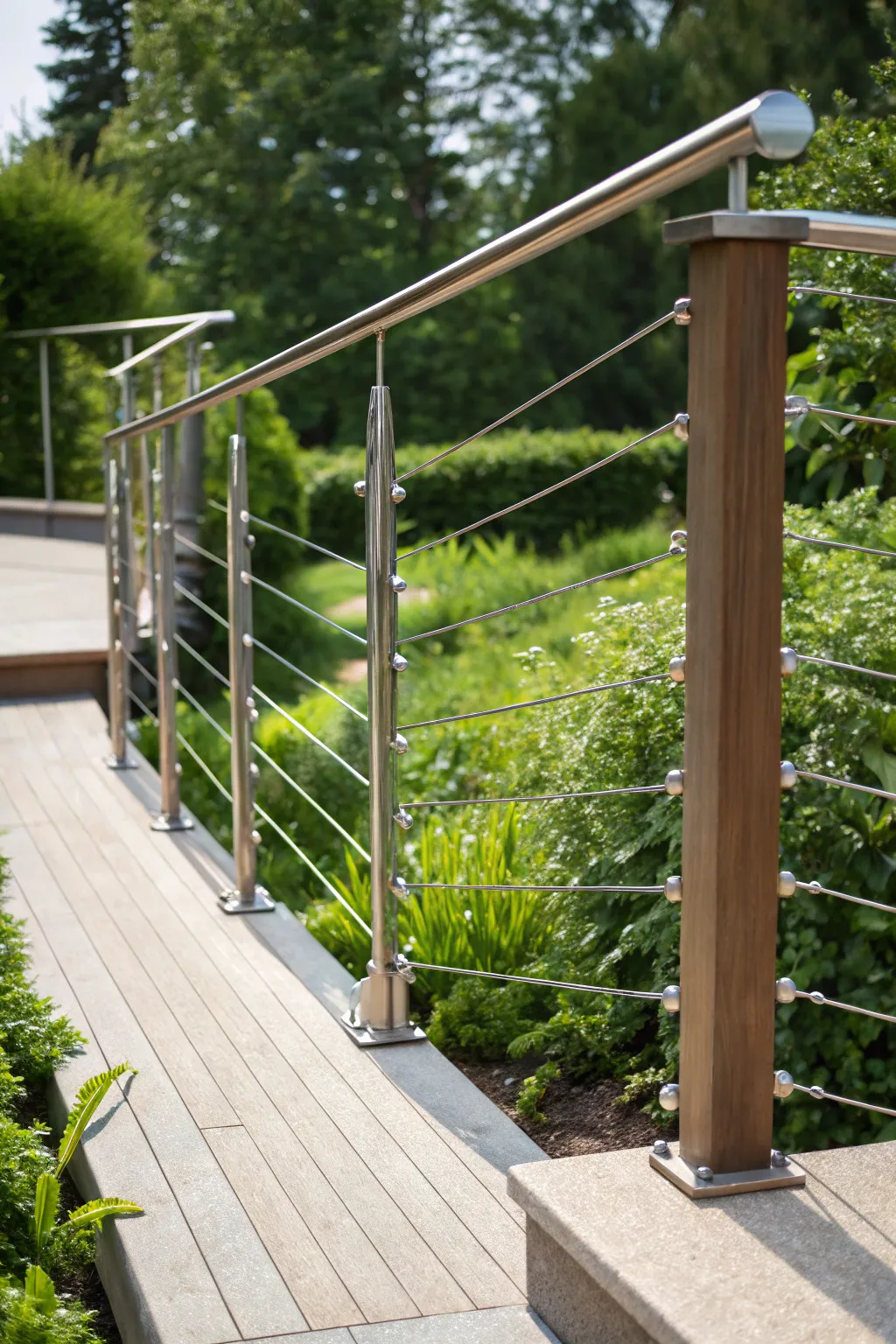 Elevate your garden's style with minimalist cable railings for a sleek and modern touch.