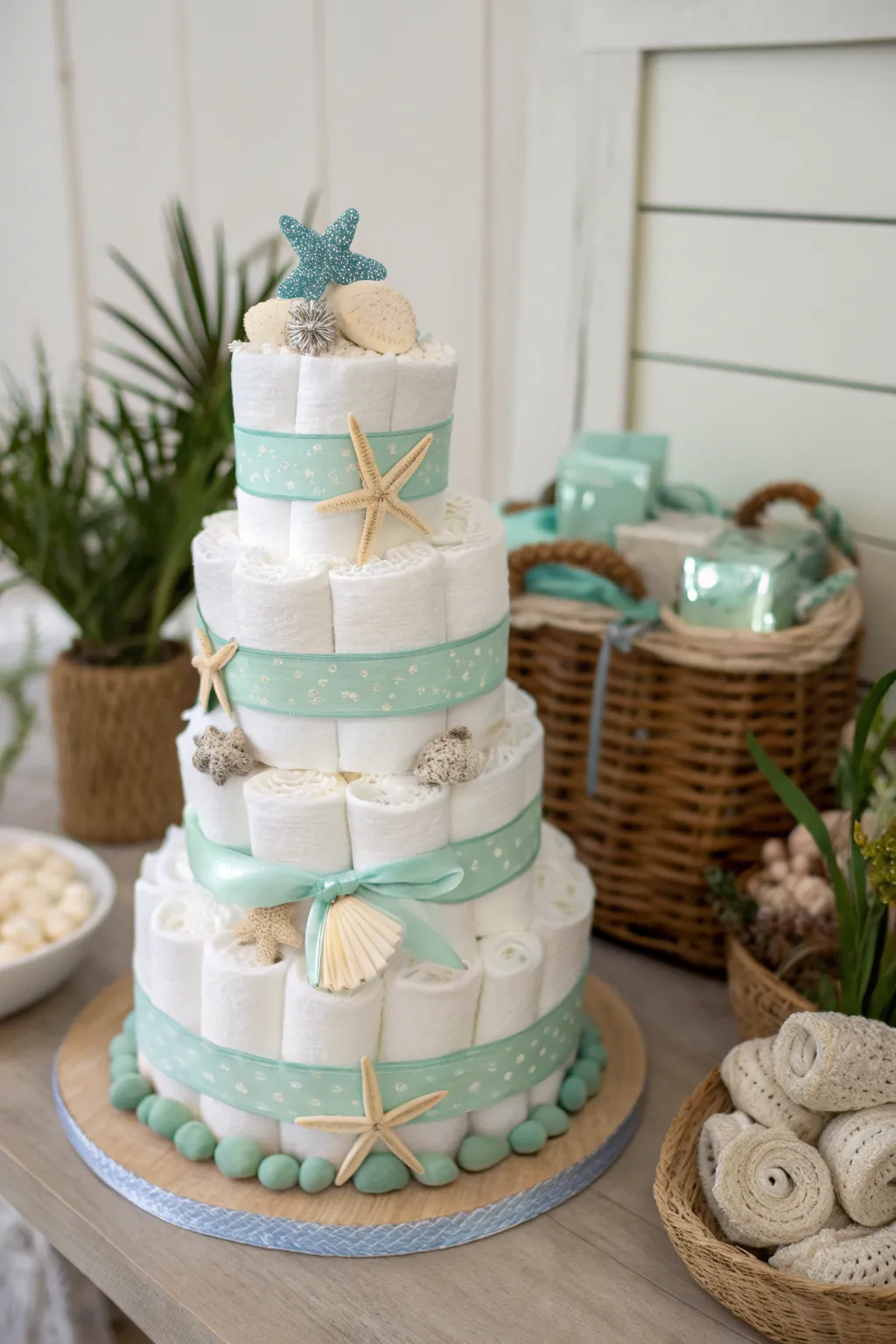 Sail into serenity with this charming sea-themed diaper cake, perfect for any gender-neutral celebration!
