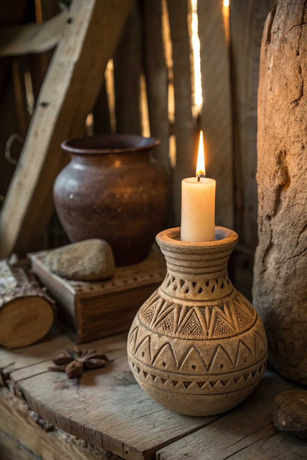Handcrafted pottery adds artistic flair to candle gifts.