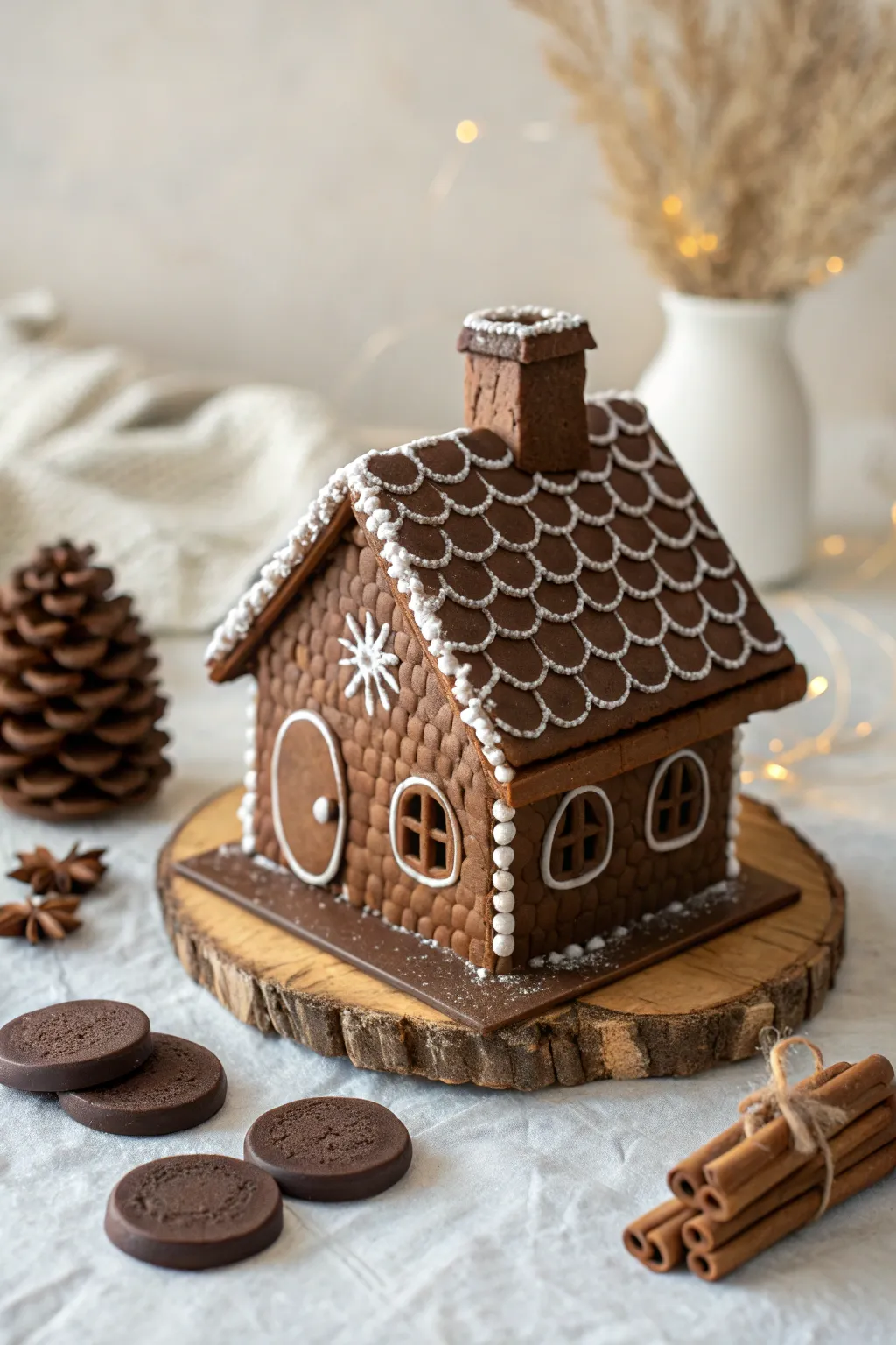 Elevate your gingerbread house with a chocolate wafer chimney—where minimalist design meets delicious craftsmanship.