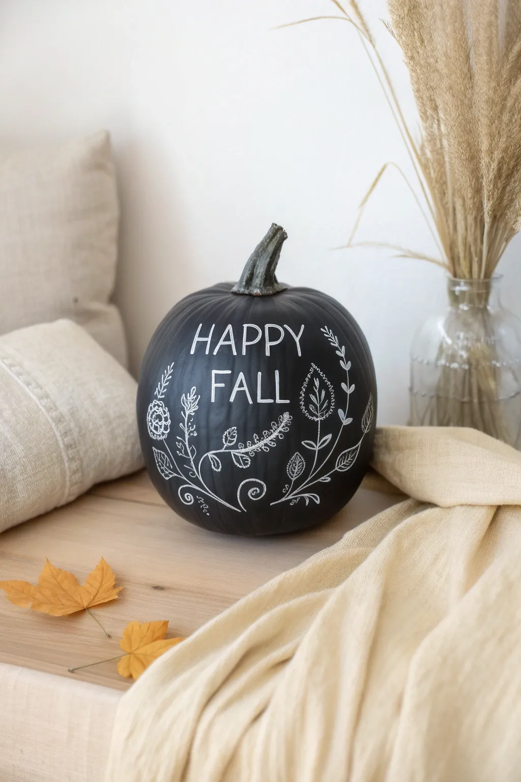 Embrace autumn's charm with a chalkboard pumpkin that welcomes the season with style and grace.