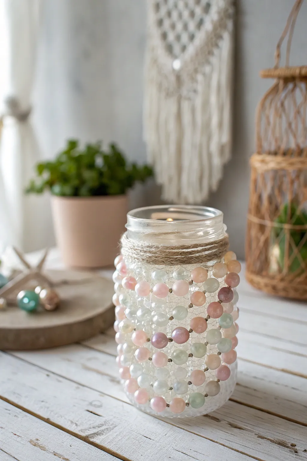 Transform an ordinary mason jar into a stunning piece of art with delicate glass beads. Perfect for chic, eco-friendly storage!