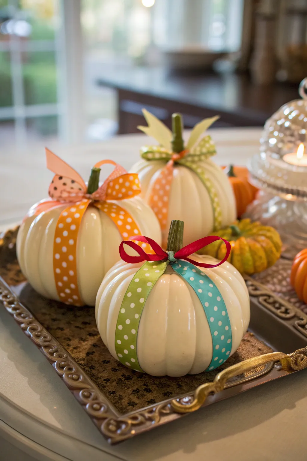 Ribbons and bows add charm to glass pumpkins.