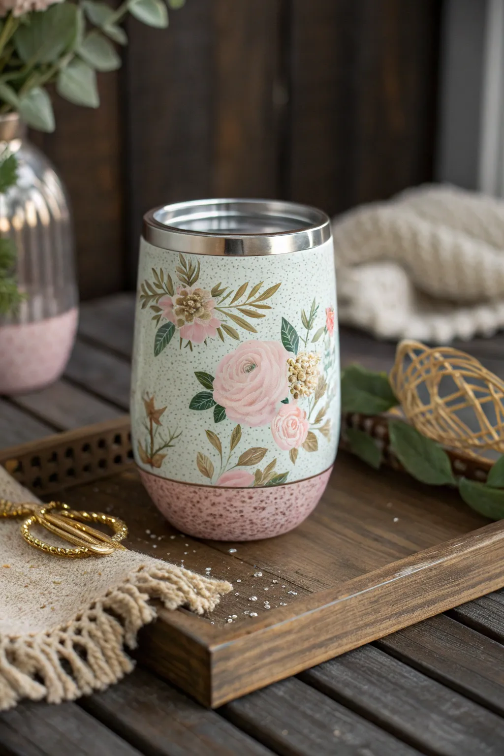 Sip in style with this vintage-inspired glitter wine tumbler, where timeless beauty meets modern elegance.