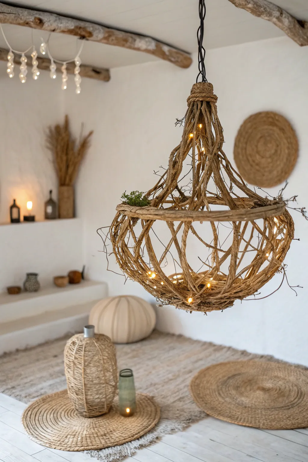 Illuminate your space with the rustic elegance of a handcrafted grapevine chandelier.