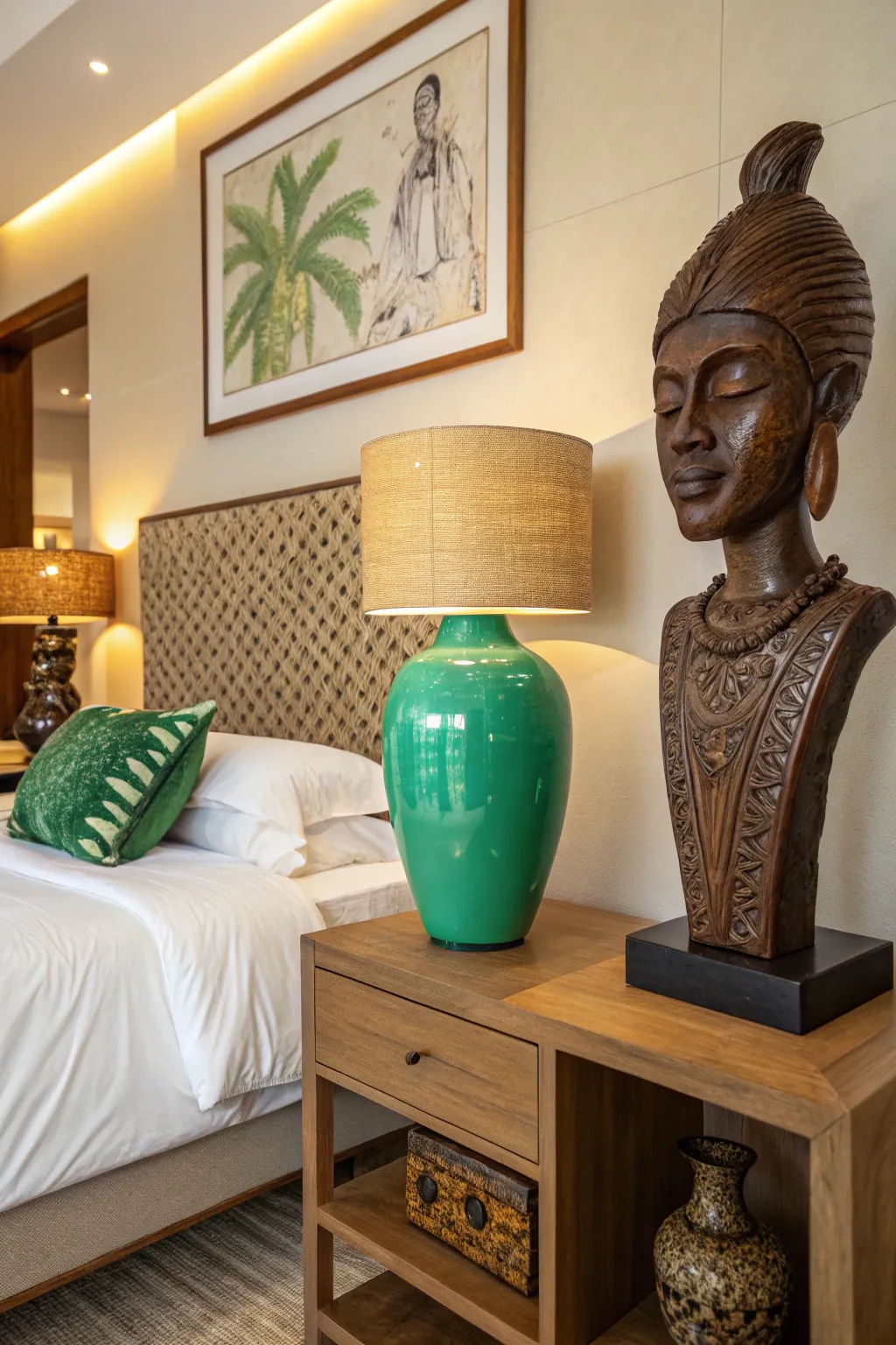Bold accessories adding dynamic contrast to the bedroom decor.
