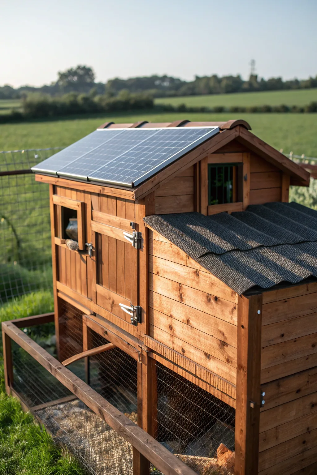 Harness the sun's power: Modern elegance meets traditional craftsmanship in this solar-enhanced guinea hen coop.