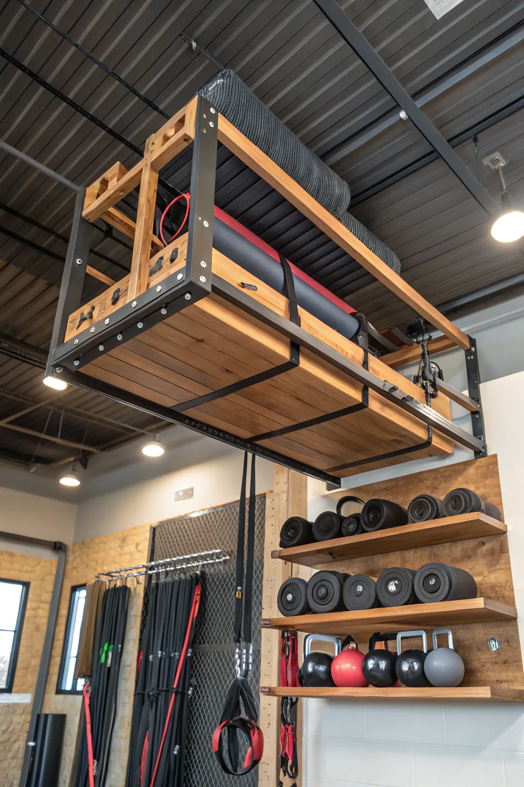 Elevate your gym space with stylish overhead storage that blends craftsmanship with functionality.