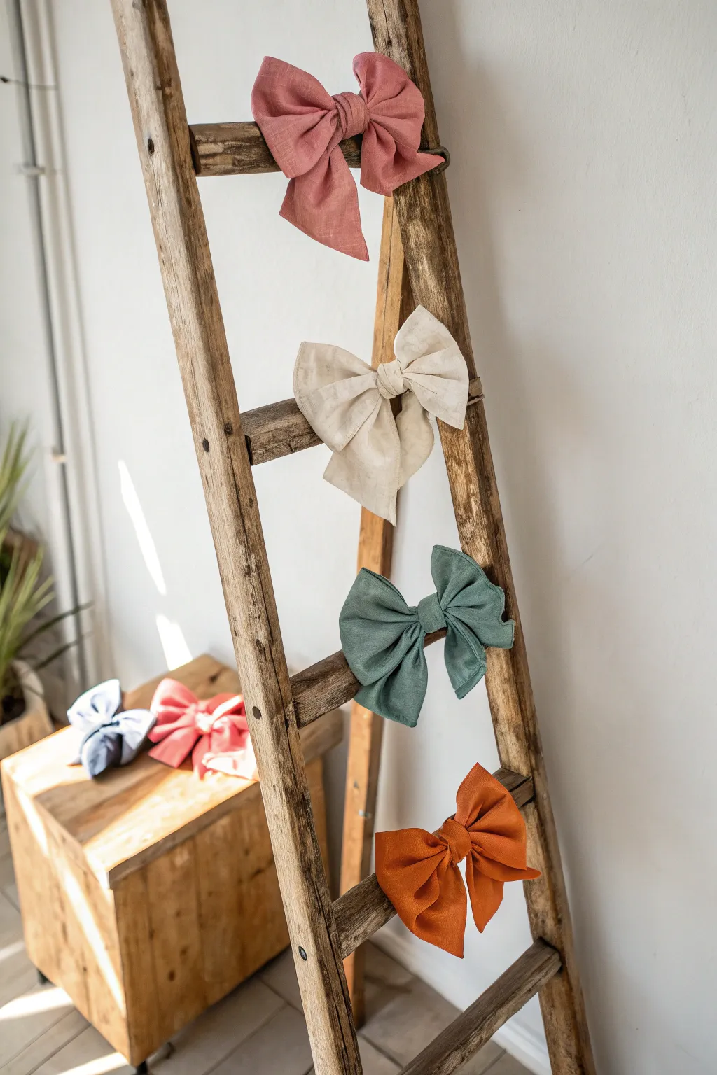 Elevate your hair accessory game with a rustic ladder rack that beautifully blends simplicity and bold color.