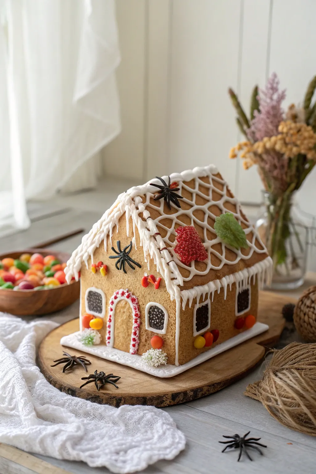 Elevate your Halloween decor with a whimsical gingerbread house adorned with playful candy critters!