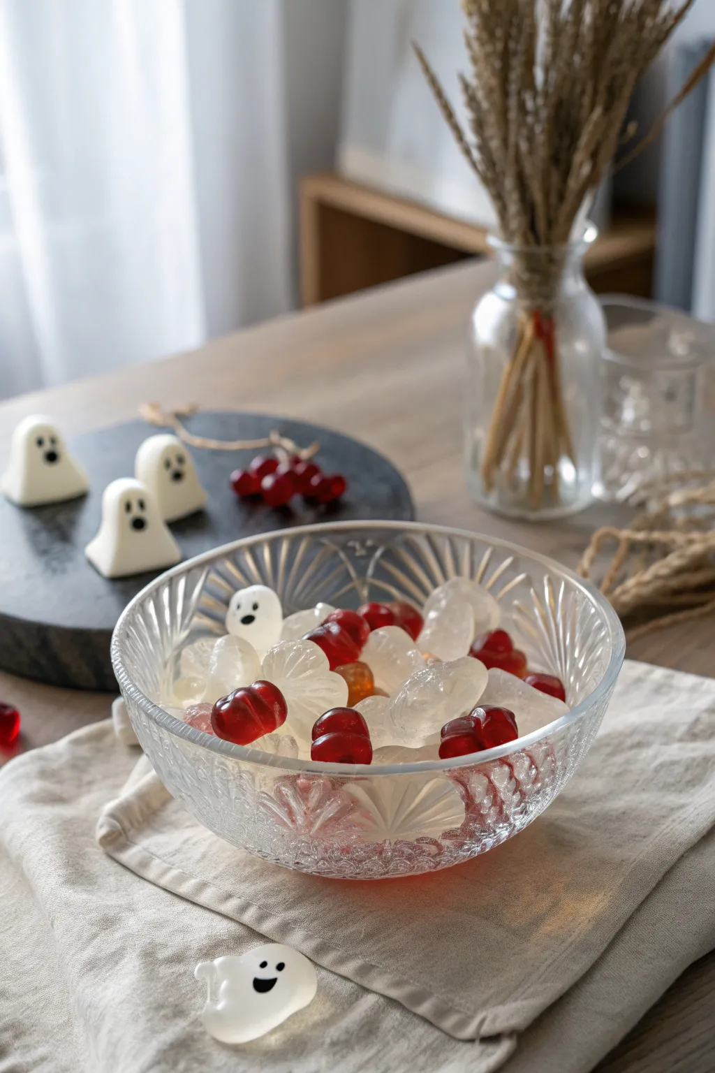 Ethereal delights: Discover the playful mystery of ghostly gummies in a minimalist setting.