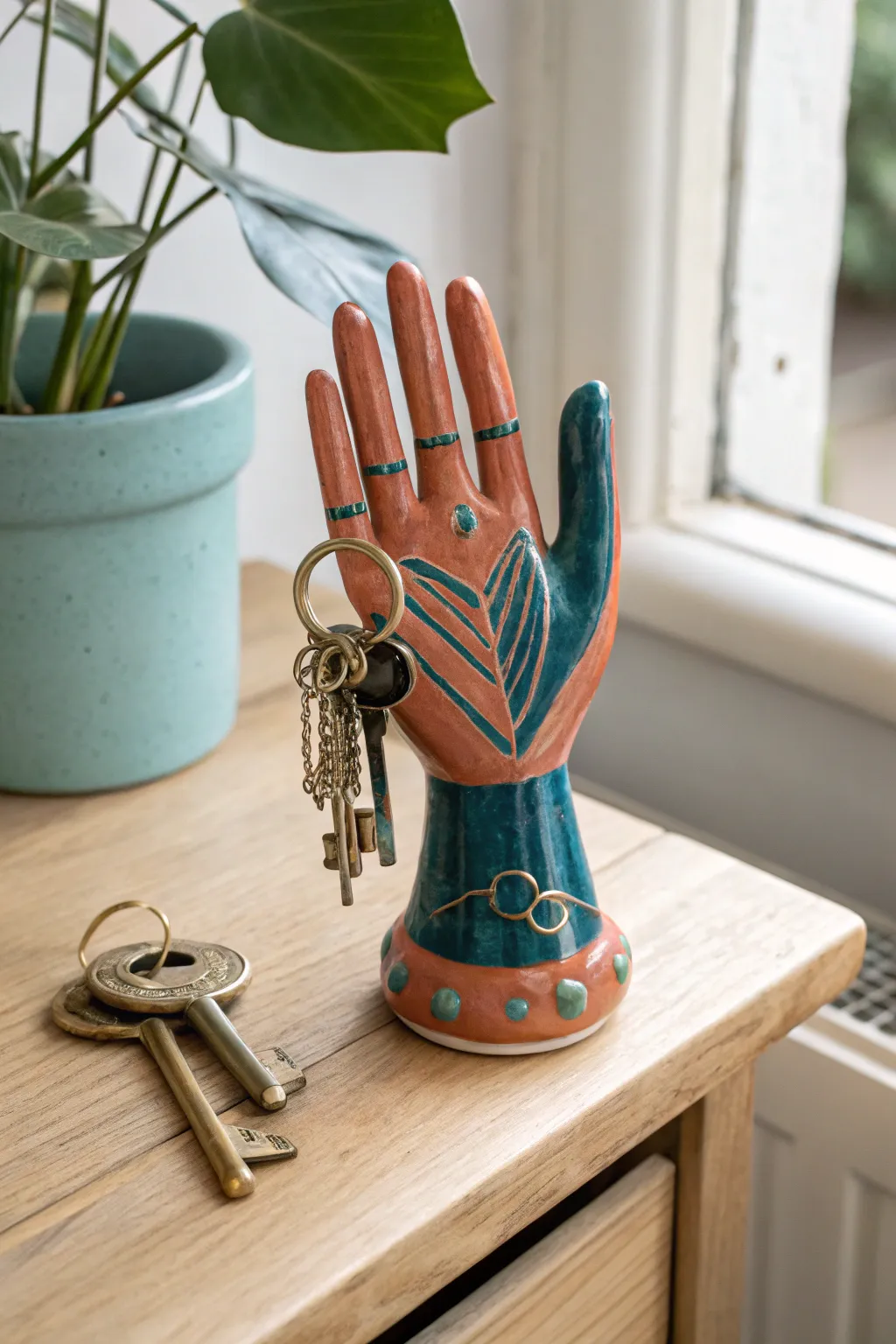 Elevate your entryway with a touch of art; this handcrafted hand sculpture is both functional and beautiful.