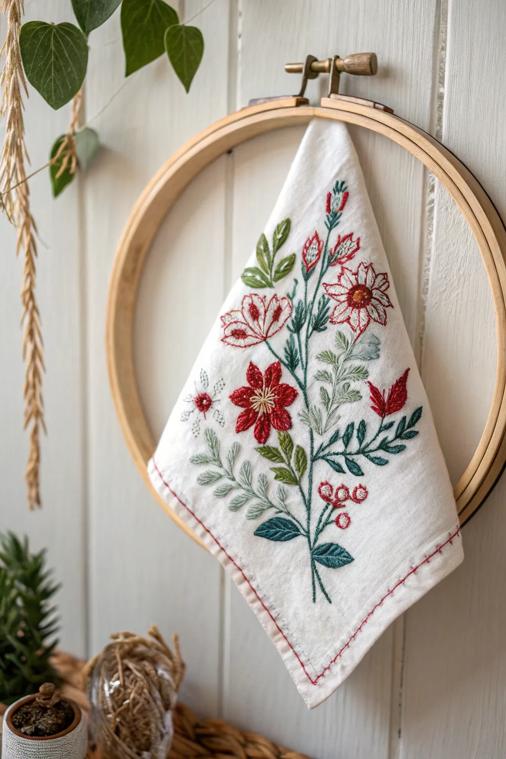 Transform nostalgia into art with embroidered handkerchief displays—where simplicity meets striking colors.