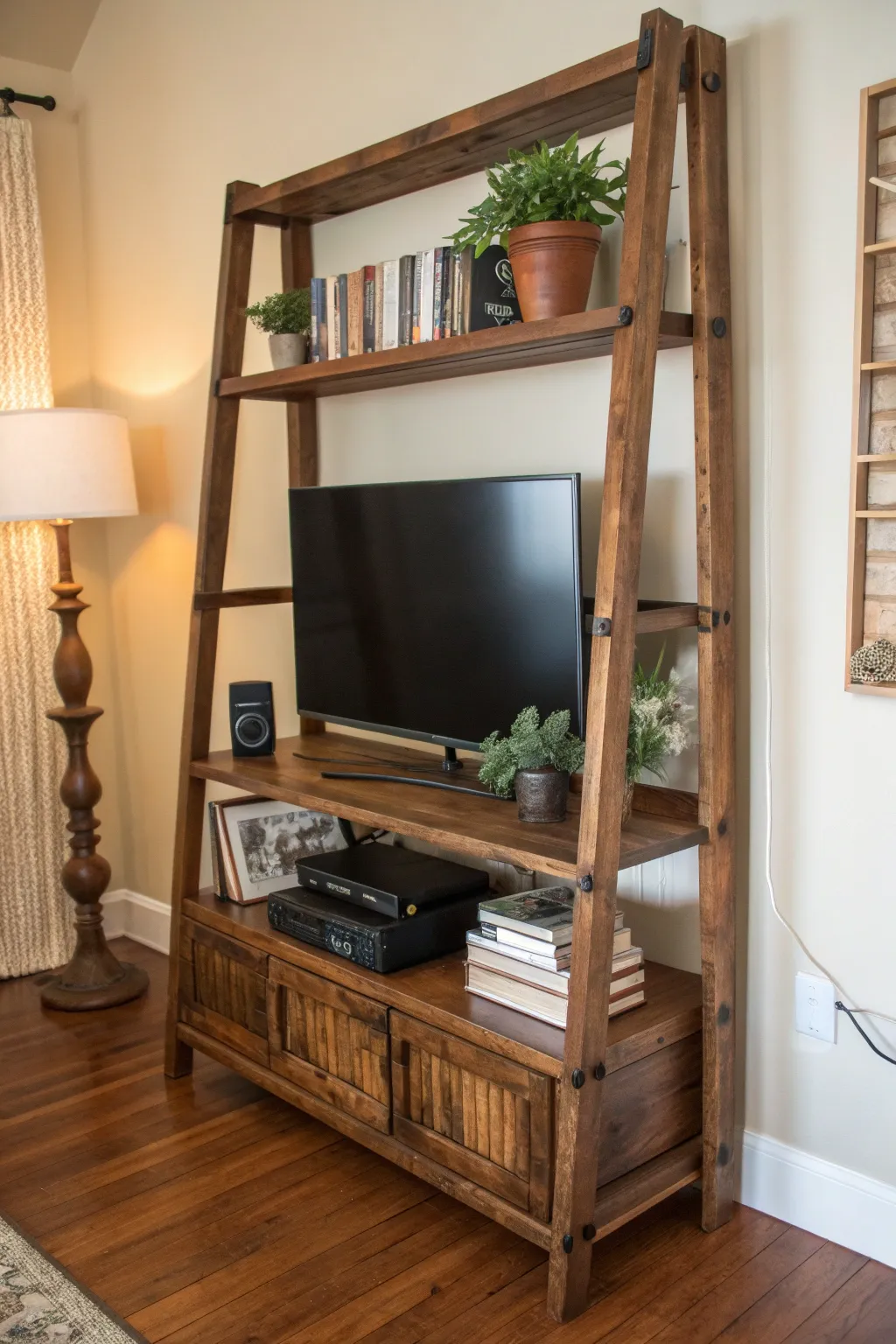 Elevate your living space with a handcrafted ladder shelf TV stand—where style meets functionality.