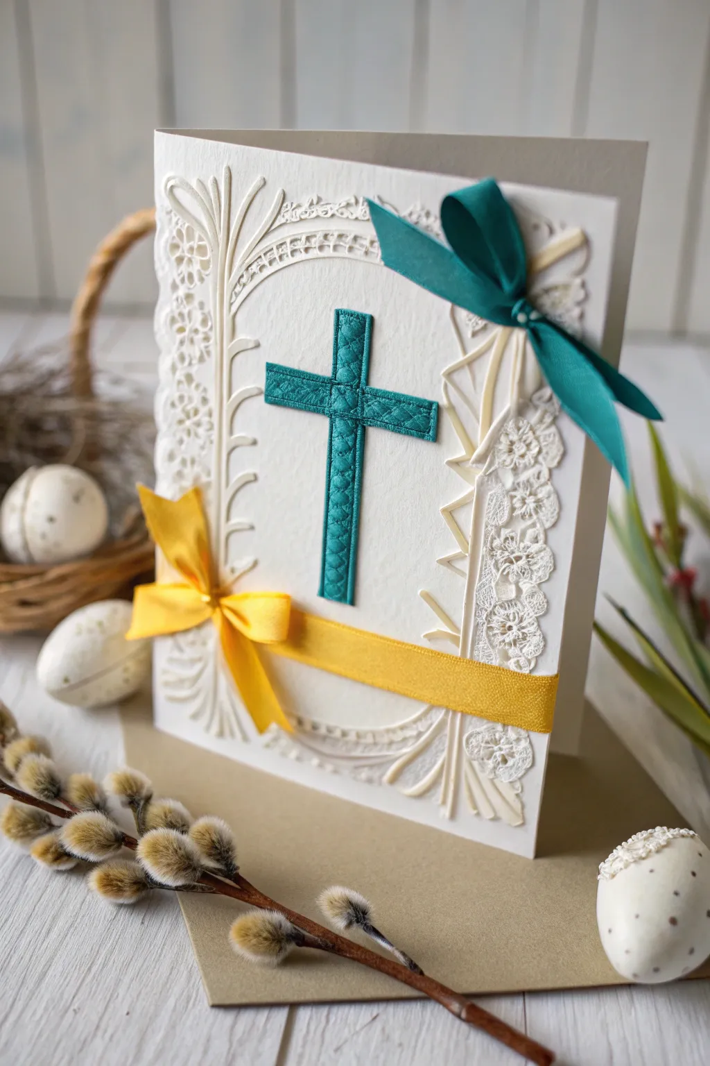 Celebrate Easter with a touch of artistry: a handmade card adorned with vibrant fabric and ribbon accents.