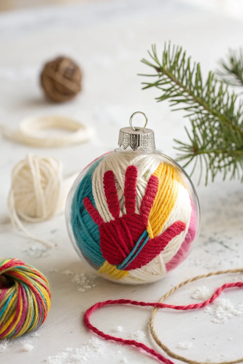 Add a touch of warmth and color to your decor with a yarn-wrapped handprint ornament, where simplicity meets bold creativity.