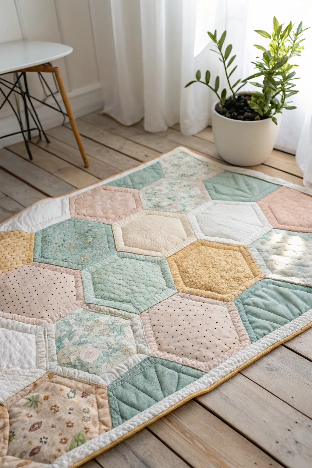 Discover the art of geometric illusions with this exquisite hexagon quilt, where simplicity meets sophisticated design.