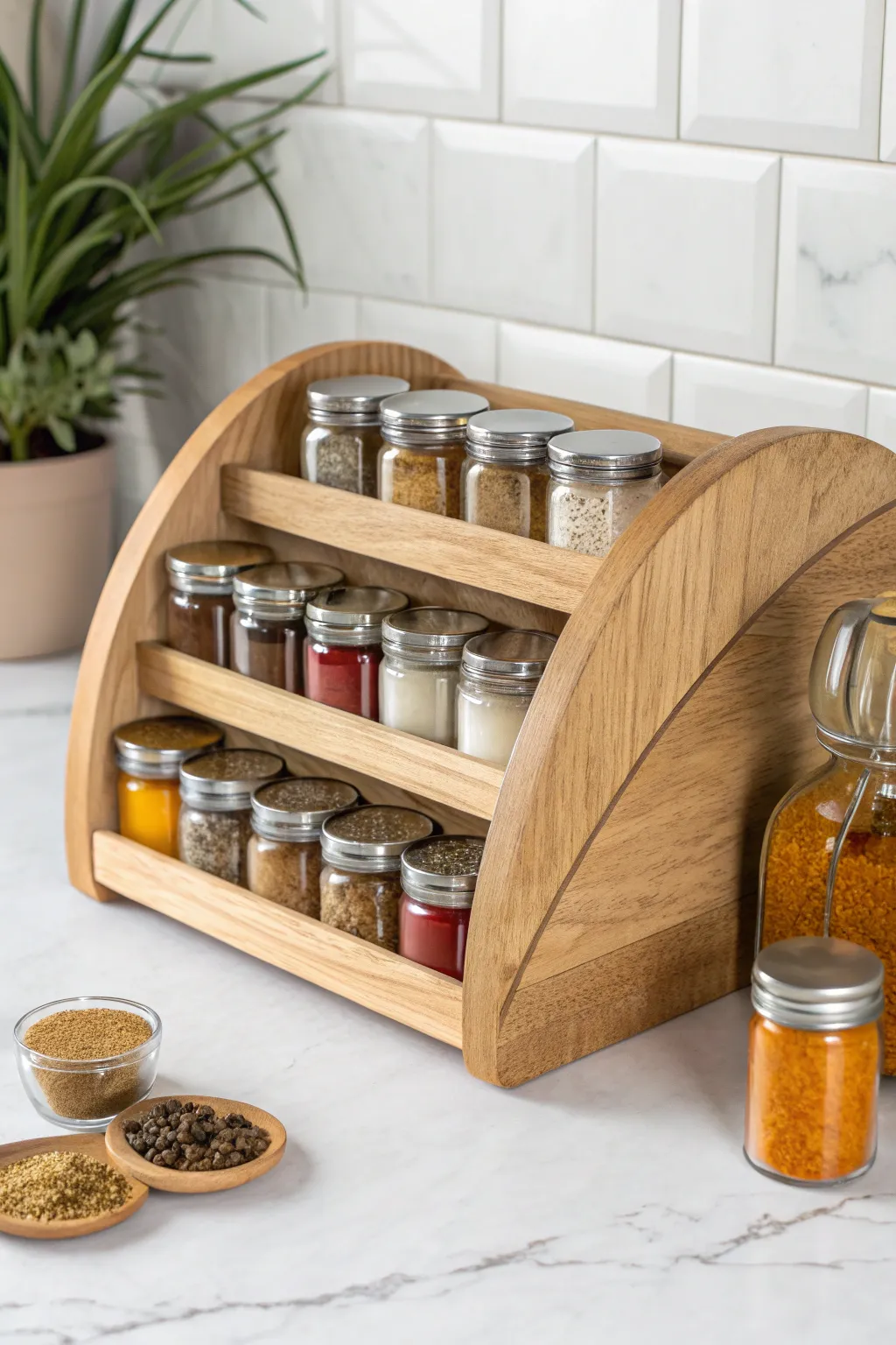 Elevate your kitchen aesthetic with this charming half-moon spice rack, where simplicity meets vibrant elegance.