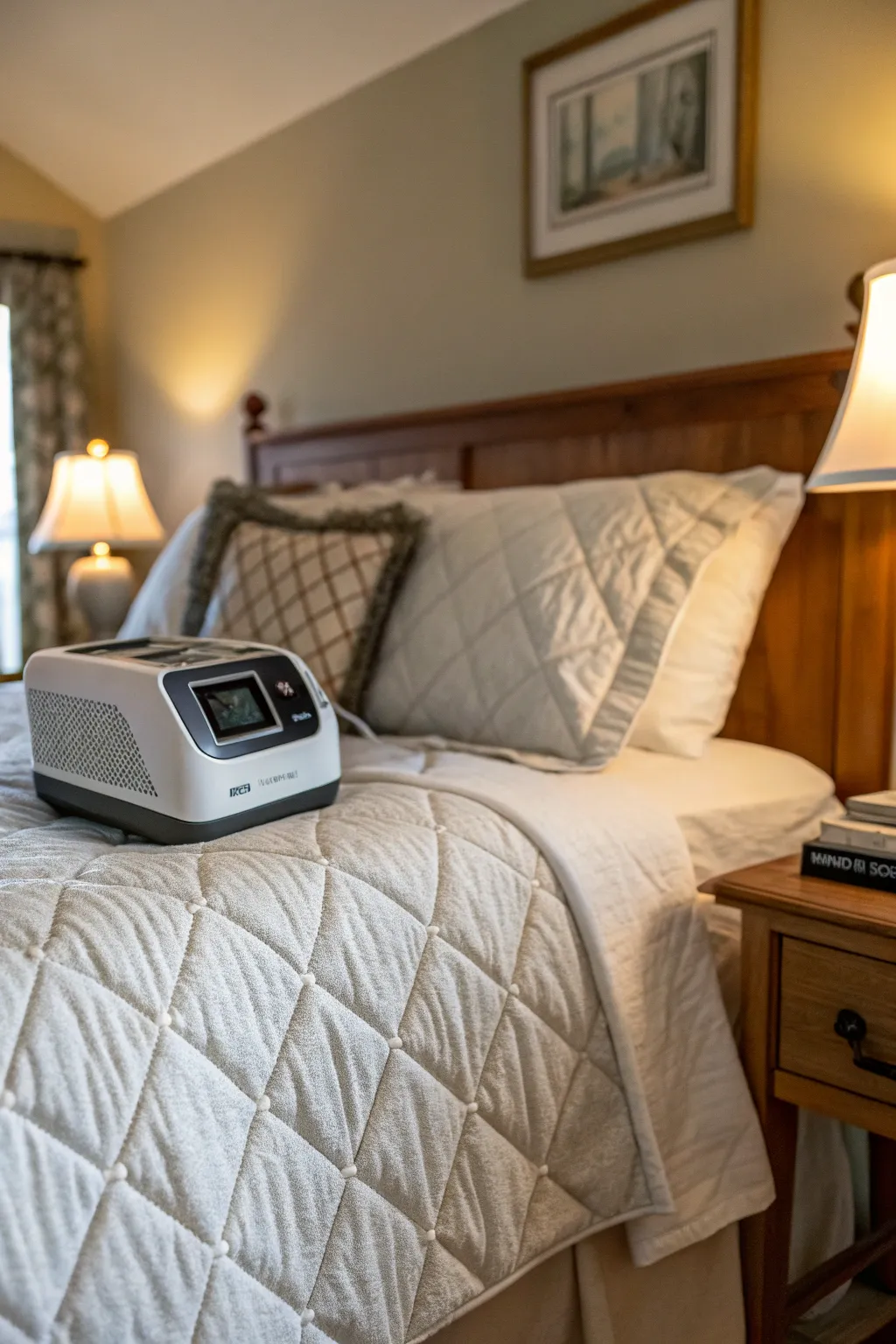A cozy quilted sham turns the CPAP machine into a charming accessory.