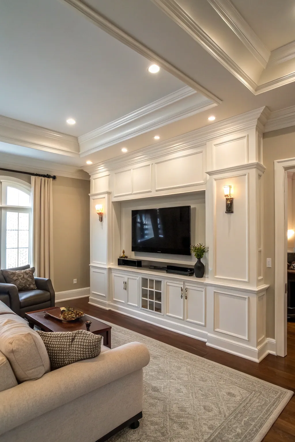 Crown molding elegantly hides cords while enhancing room decor.