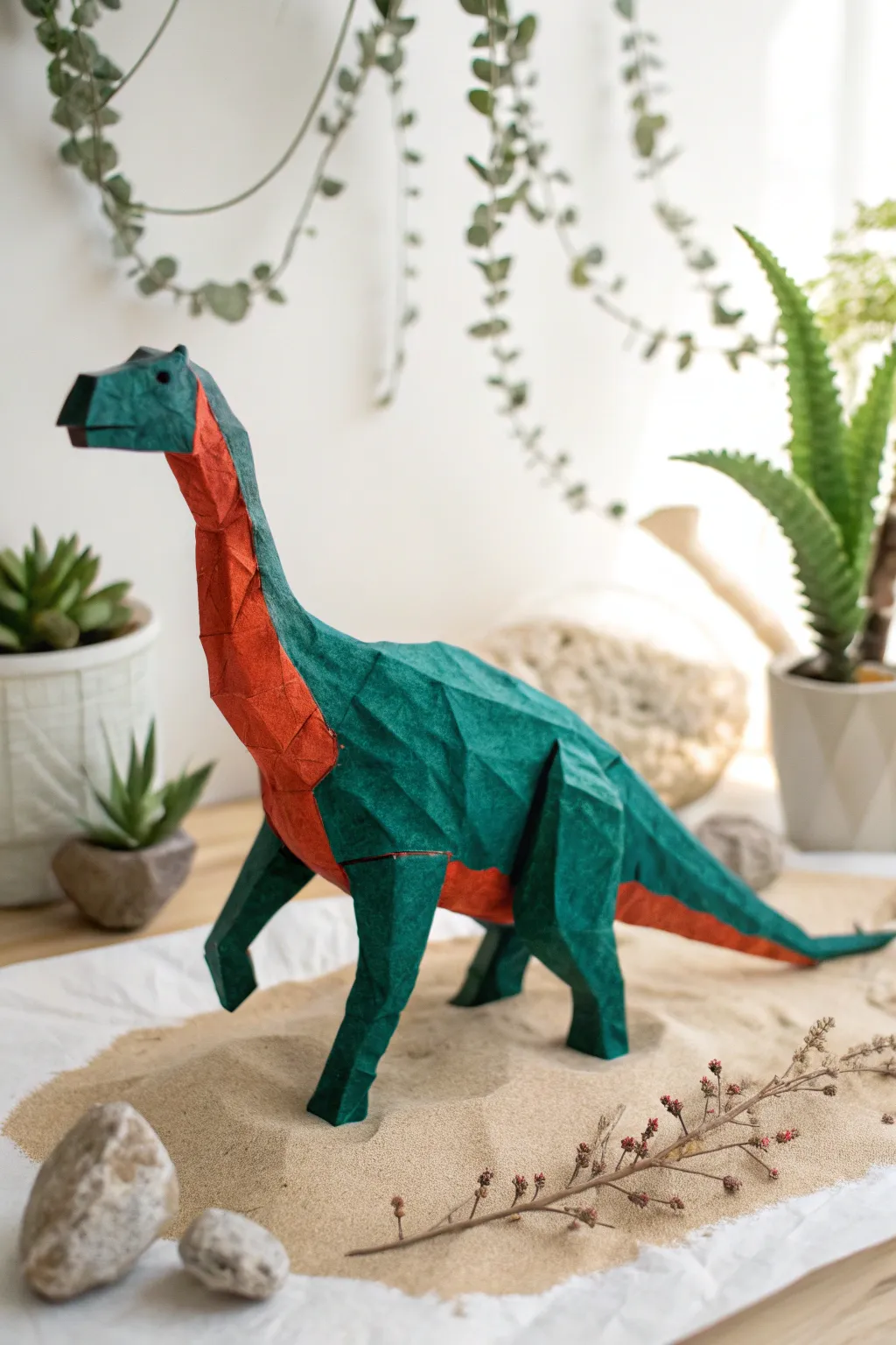 Step back in time with this charming paper mache dinosaur diorama, where simplicity meets natural beauty.