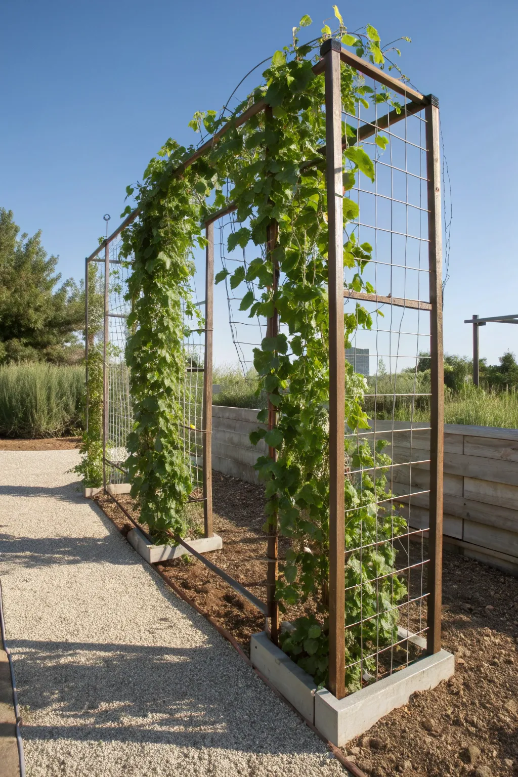 Transform your outdoor space with a crafted hog wire trellis: nature's stylish room divider.