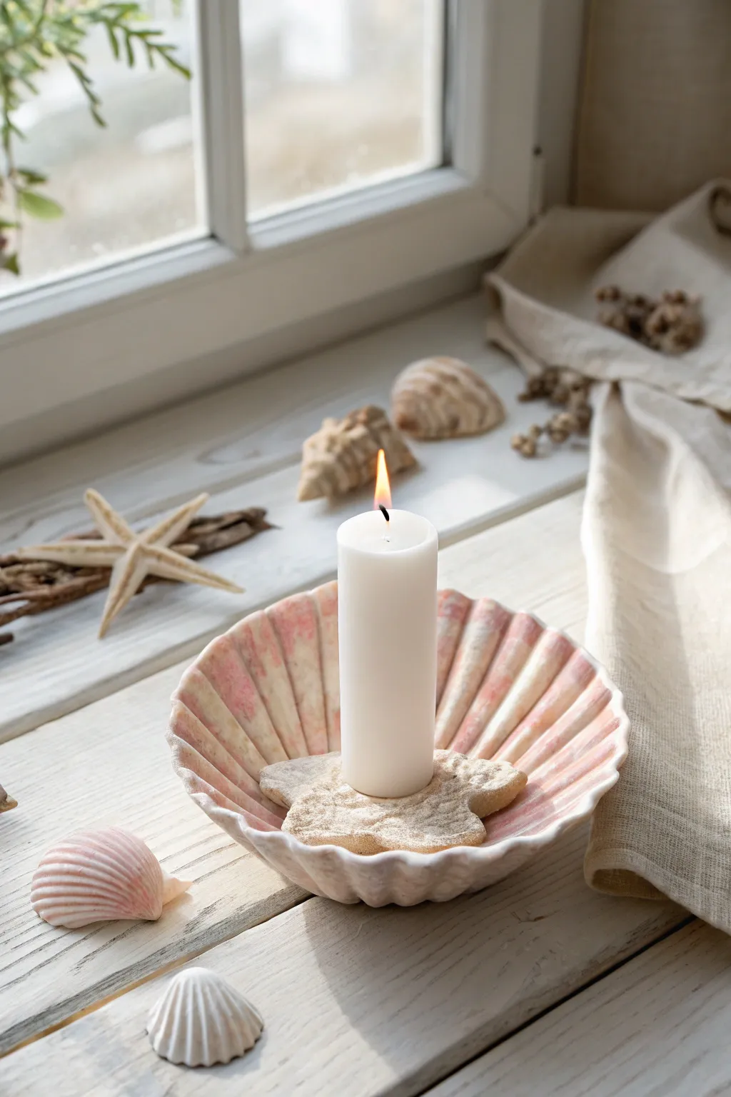 Embrace serene coastal vibes with a handcrafted seashell candle holder, perfect for a minimalist holiday decor.