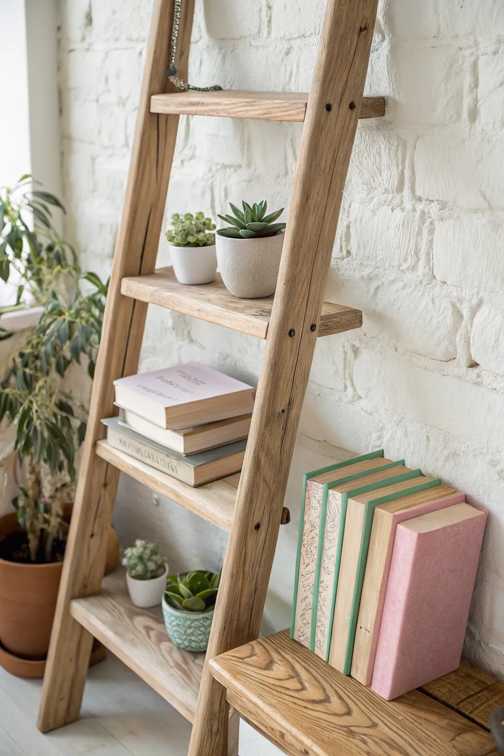 Elevate your home decor with this charming repurposed ladder shelf, blending simplicity with natural beauty.