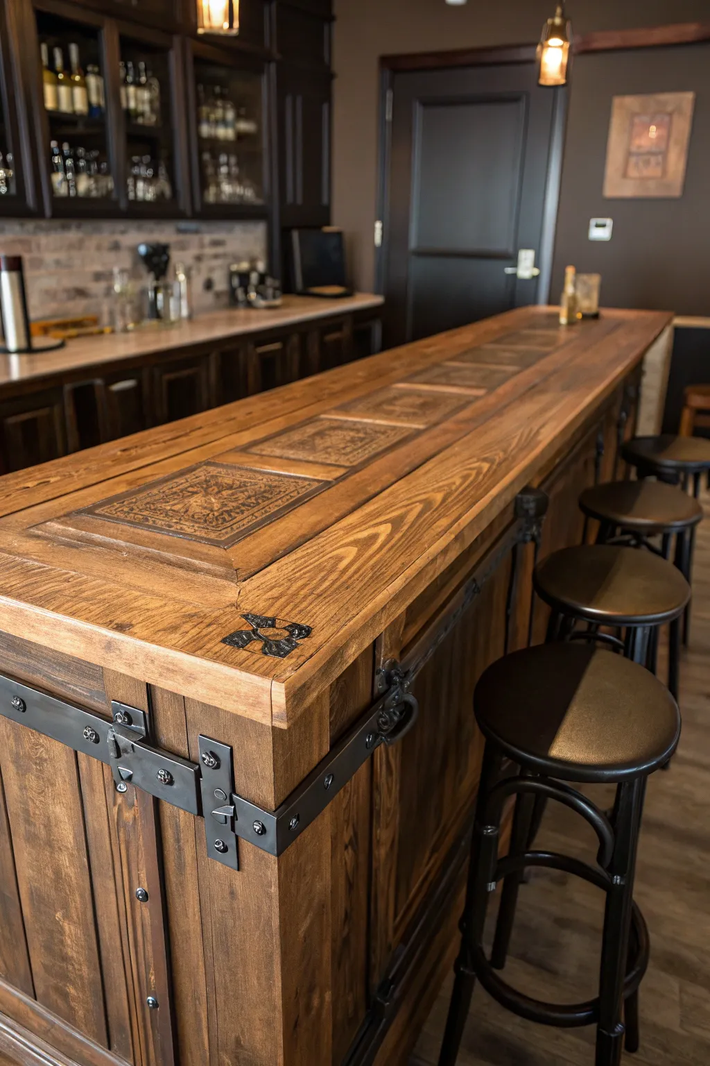 Transform history into a centerpiece: upcycled door bar top for the discerning craftsman.