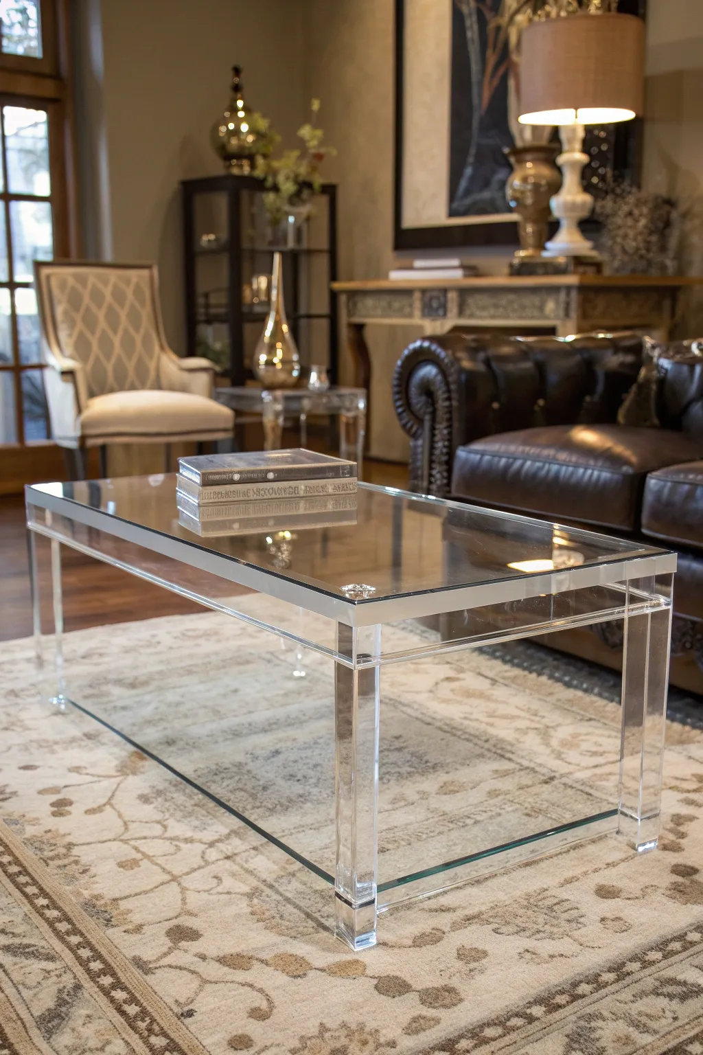 Elevate your space with the timeless elegance of a clear acrylic coffee table, where modern design meets eclectic charm.