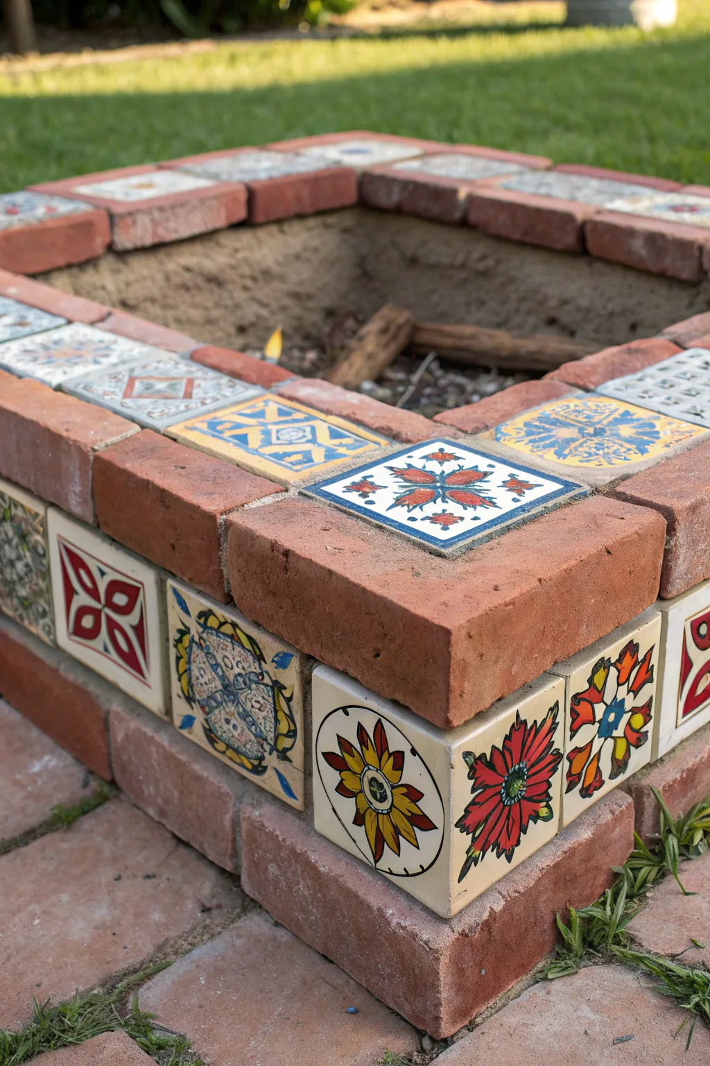 Elevate your fire pit with handcrafted tile edging for a touch of personal artistry.