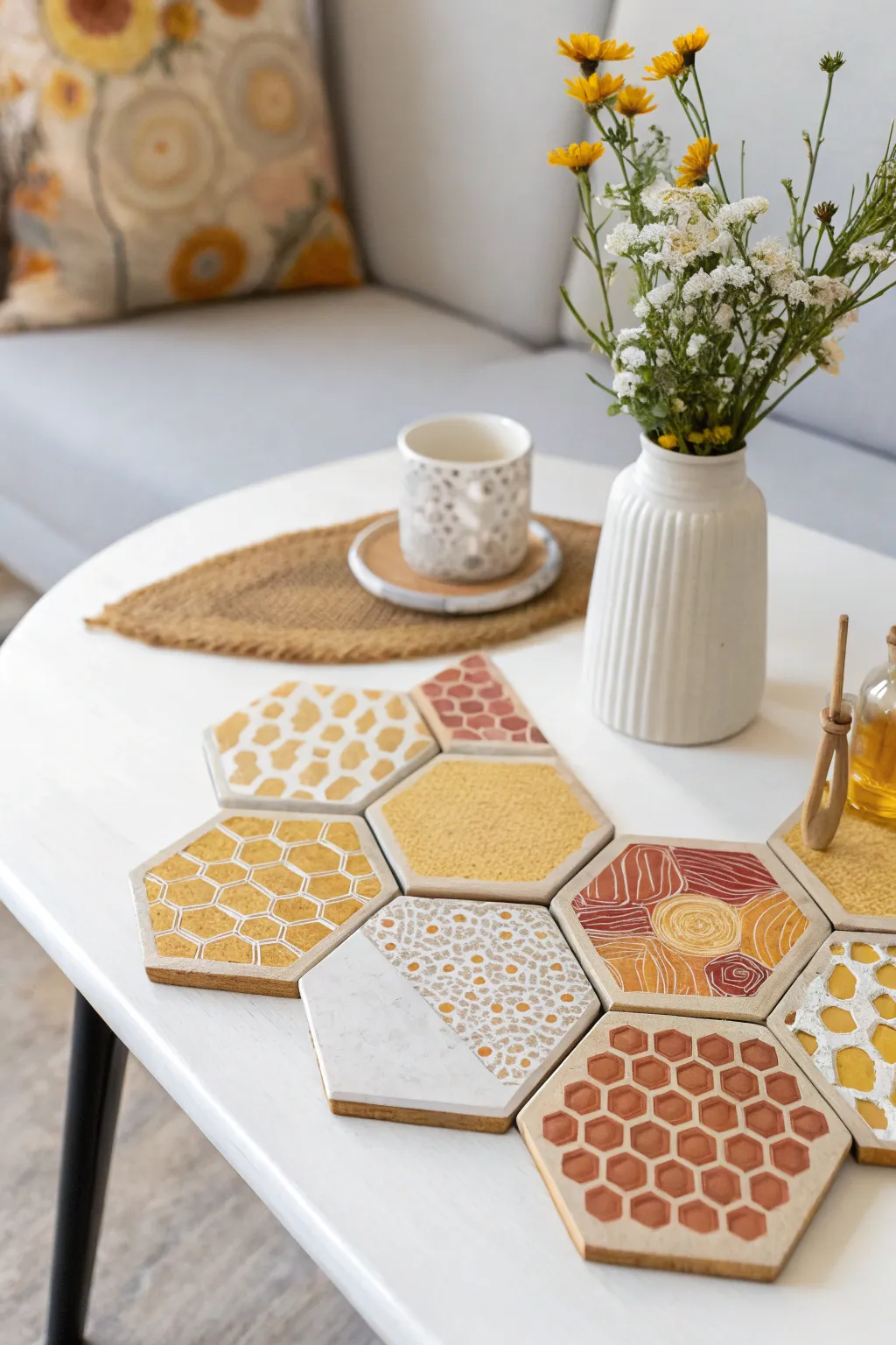 Elevate your coffee table aesthetics with these handcrafted honeycomb hexagon coasters—where minimalism meets bold design.