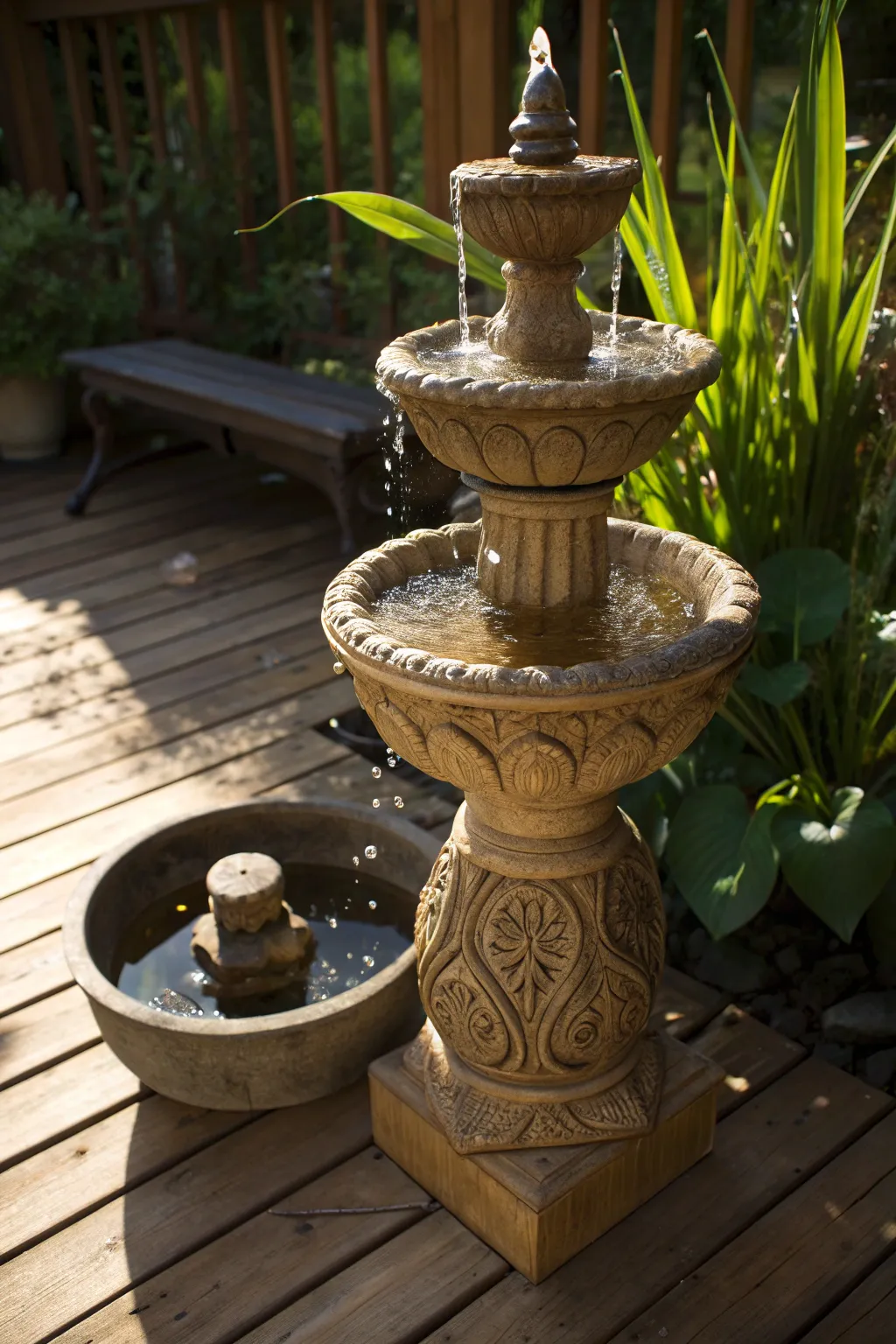 Elevate your deck's ambiance with the soothing sounds of a handcrafted water feature.