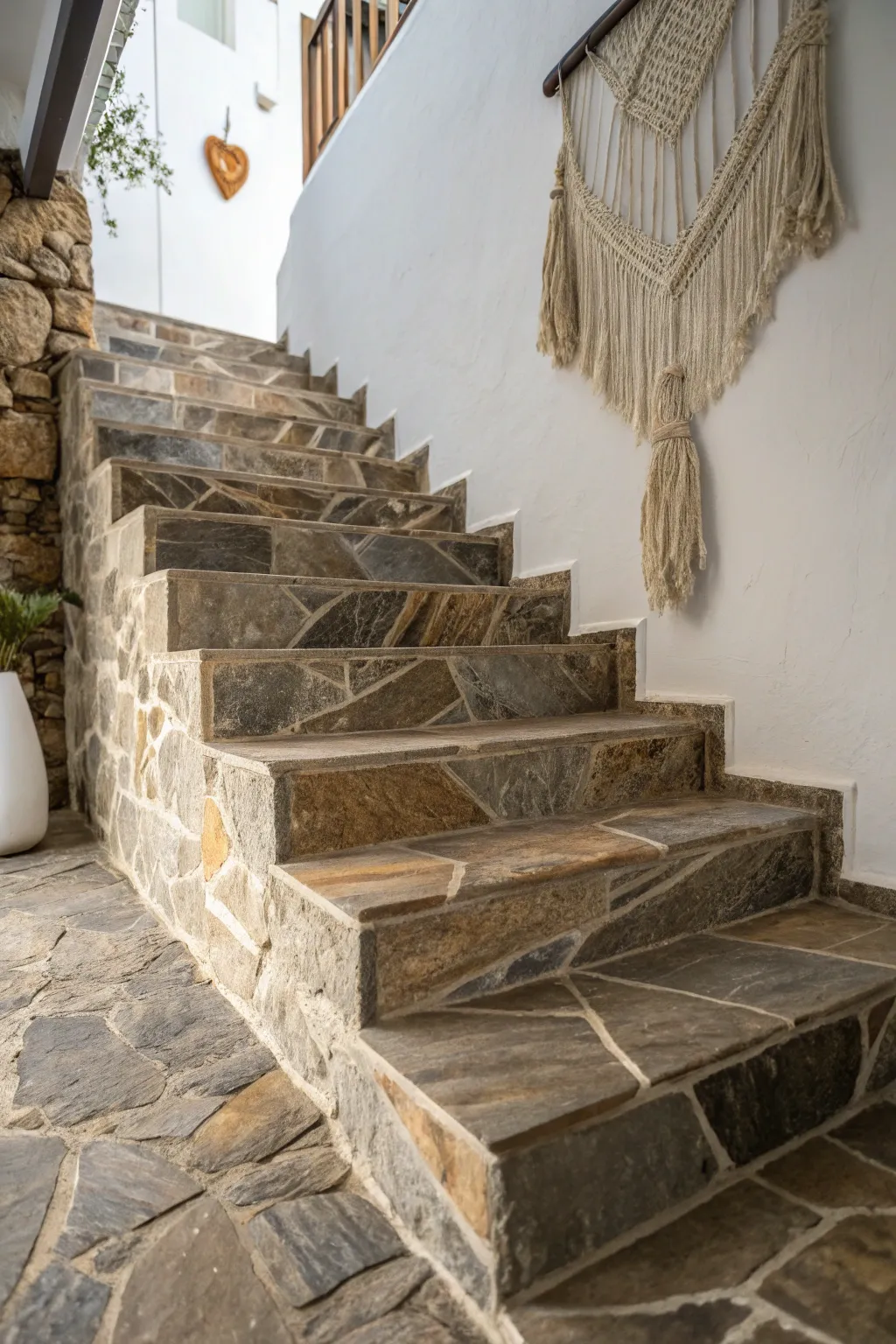 Transform your stairs into a masterpiece with the timeless elegance of natural stone overlays.