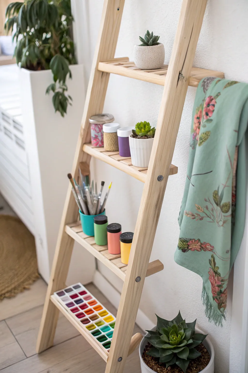 Elevate your creativity with a chic and functional craft supply ladder. #CraftOrganization #ScandiBoho