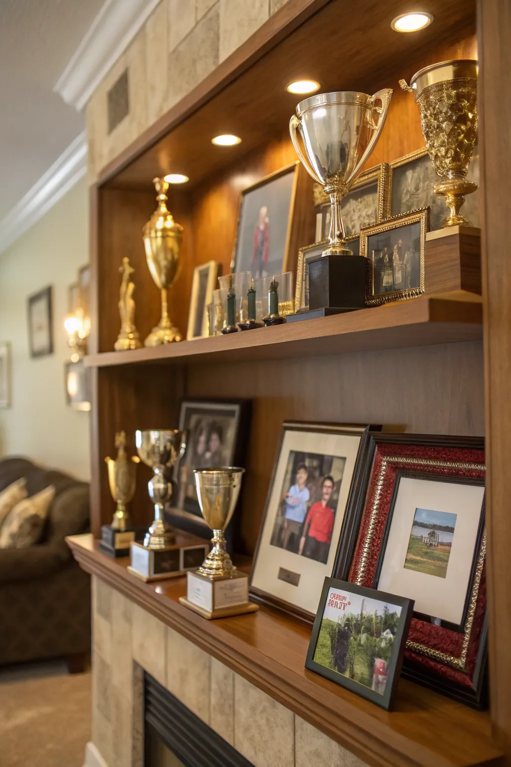 Trophies displayed with family photos for a personal touch.