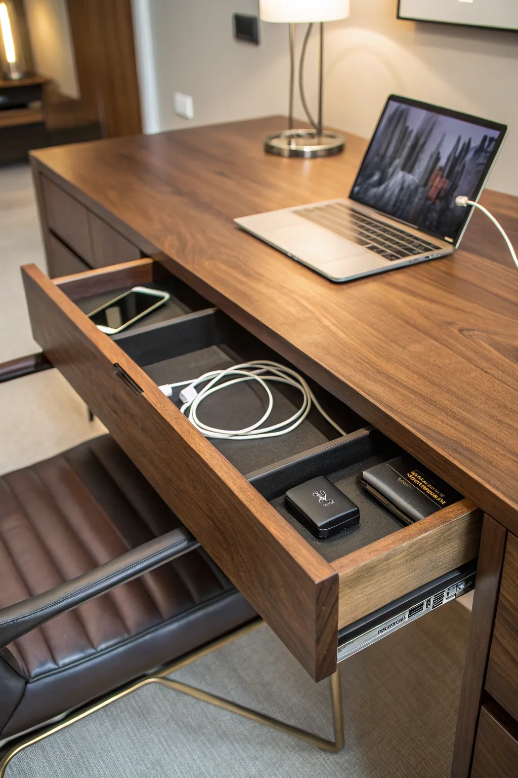 Discover the art of seamless organization with this desk's built-in cable management.