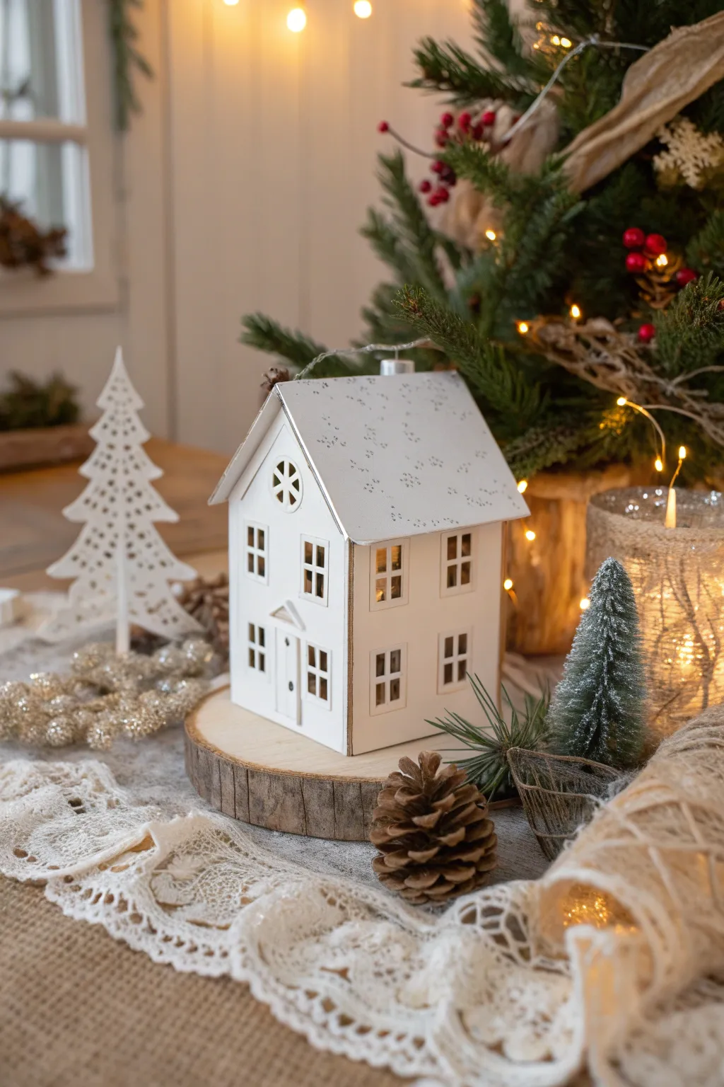 Elevate your Christmas village with a chic blend of burlap and lace for a fresh, minimalist touch.