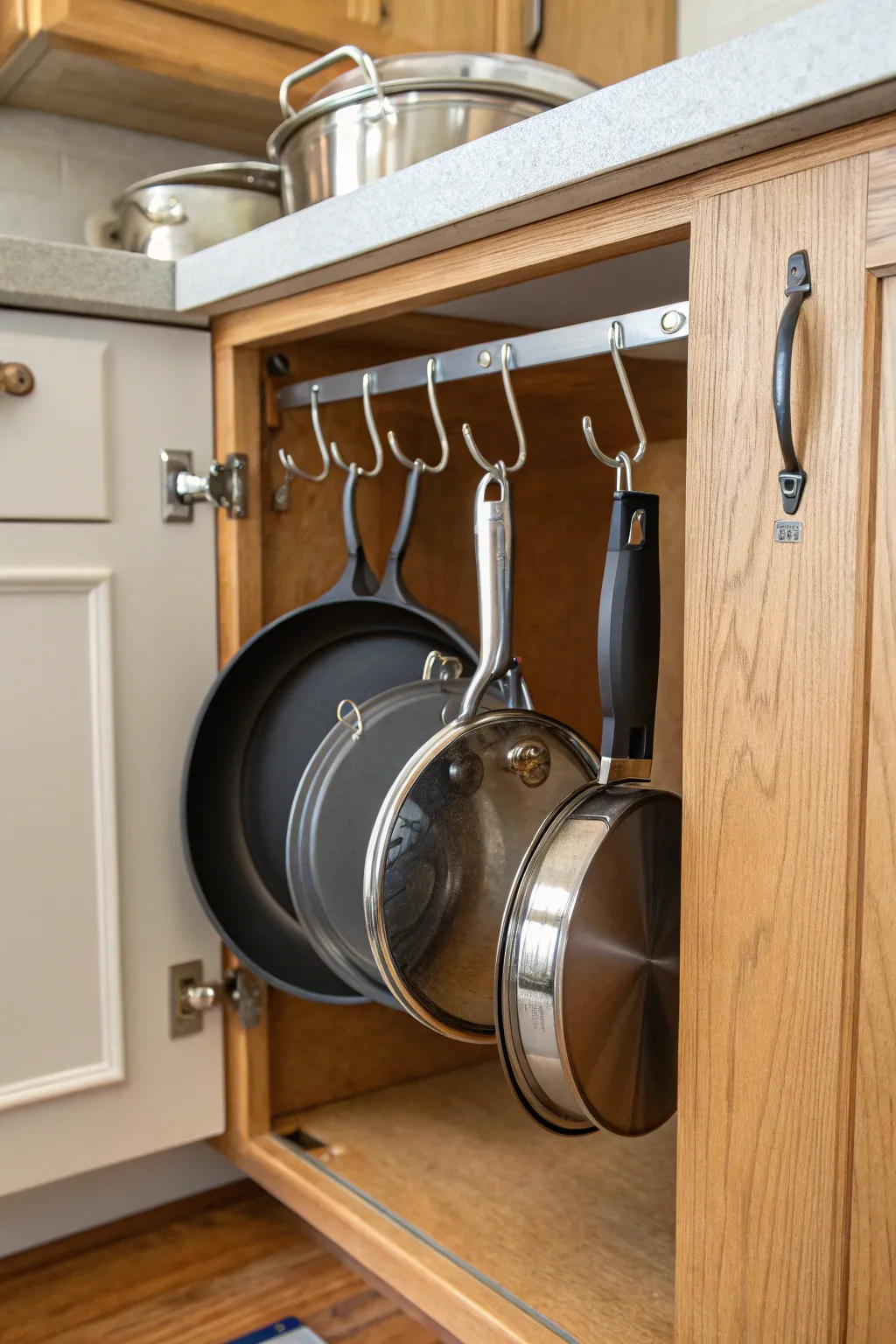 A pot lid rack keeps lids organized and accessible.