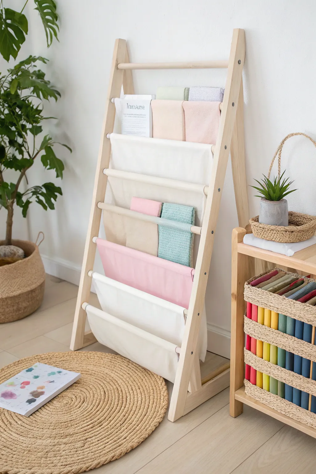Transform your space with a charming cotton sling bookshelf for effortless scrapbook paper organization.
