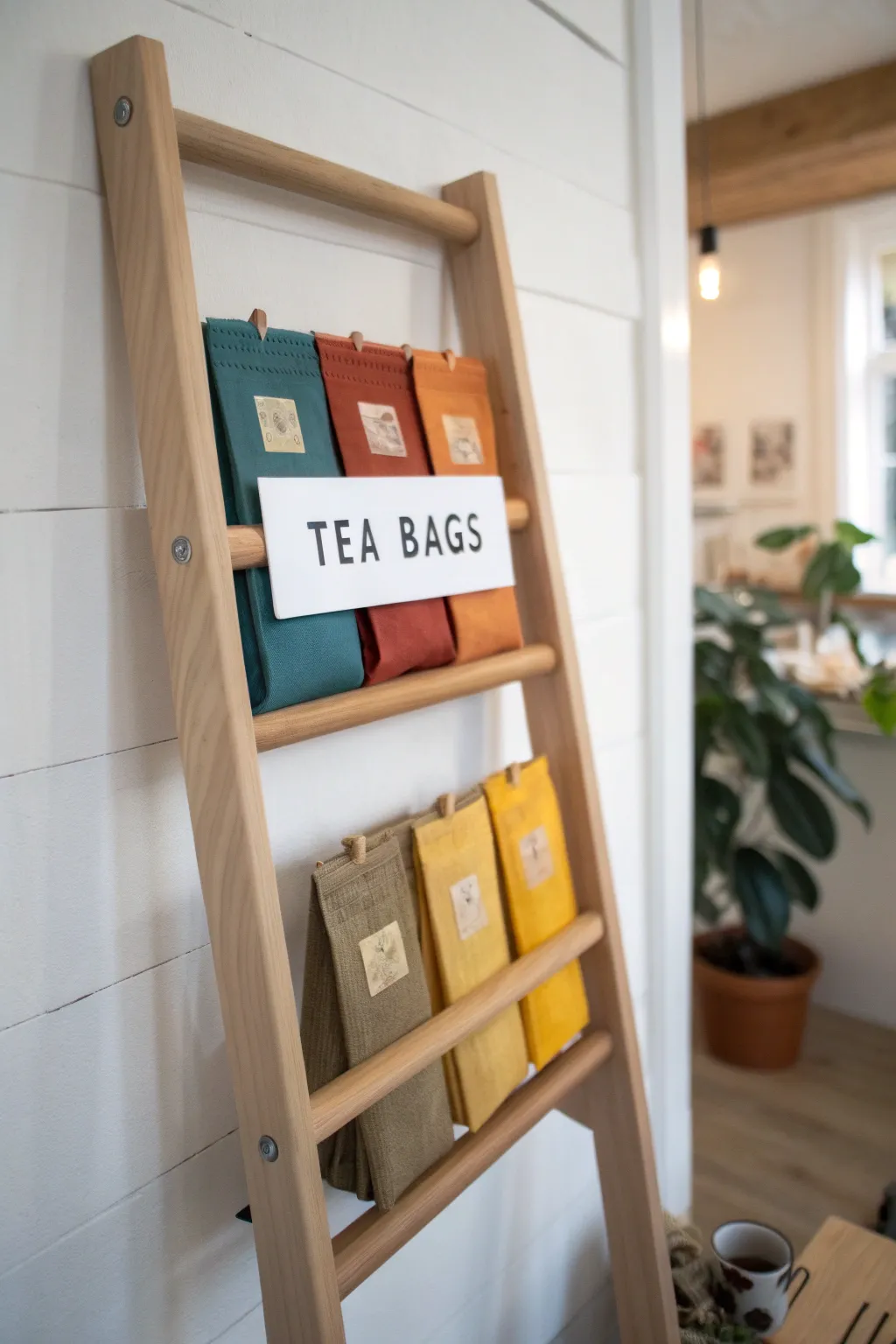 Transform your tea collection into a stunning display with a Scandinavian-inspired tea ladder rack. #TeaLadder #ScandinavianStyle #BohoChic