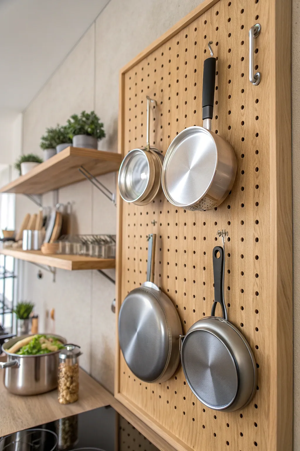Elevate your kitchen storage with this chic pegboard display – where functionality meets minimalistic elegance.