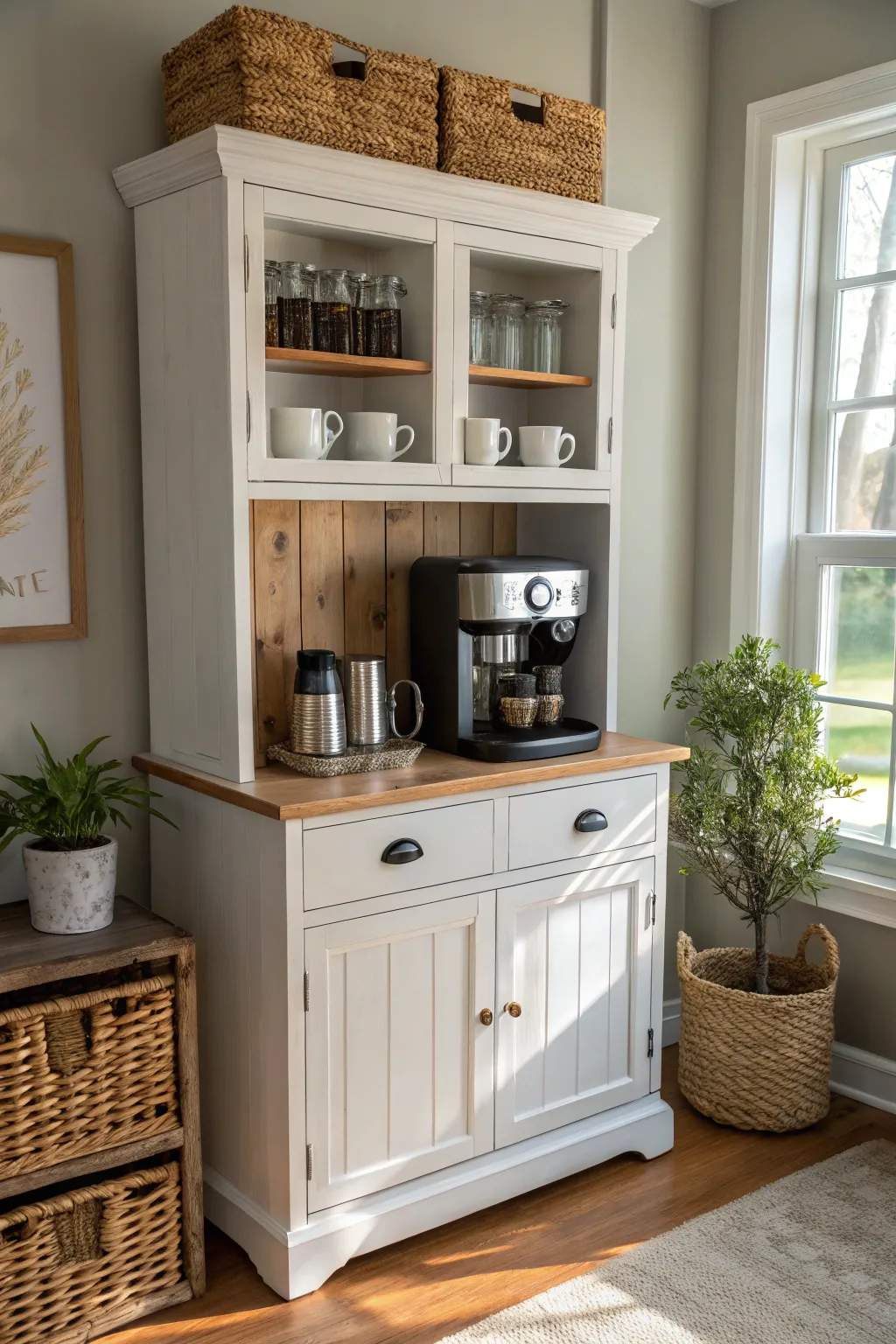 Transform your hutch into a chic coffee bar and elevate your mornings with a touch of minimalist elegance.