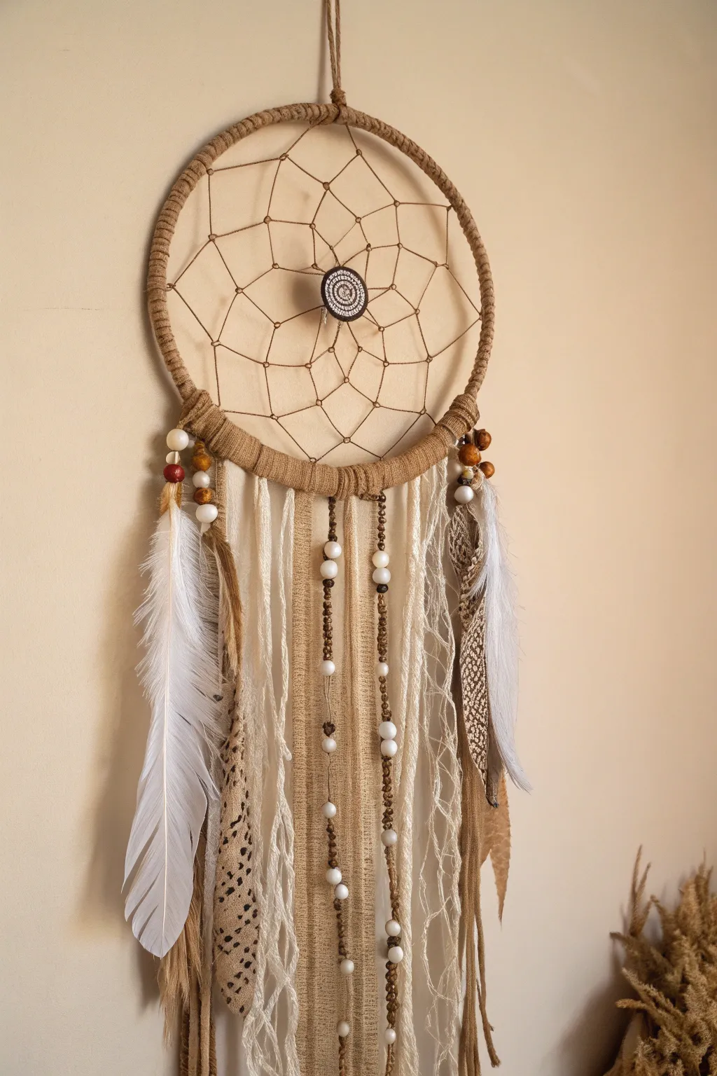Embrace the art of layering with this exquisite dream catcher, where textures meet tranquility.