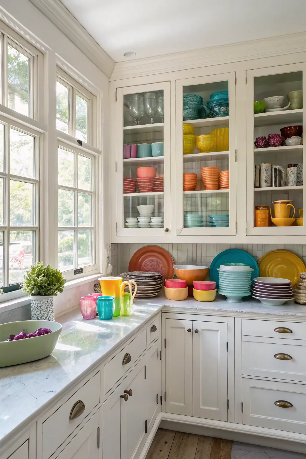 Glass-front cabinets add elegance and openness.