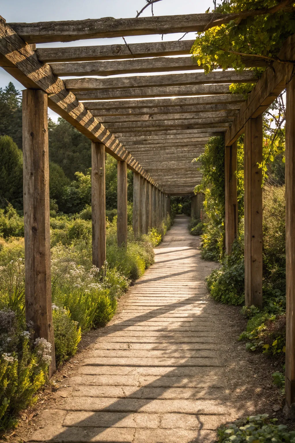 Embrace rustic charm with a handcrafted wooden beam pathway.