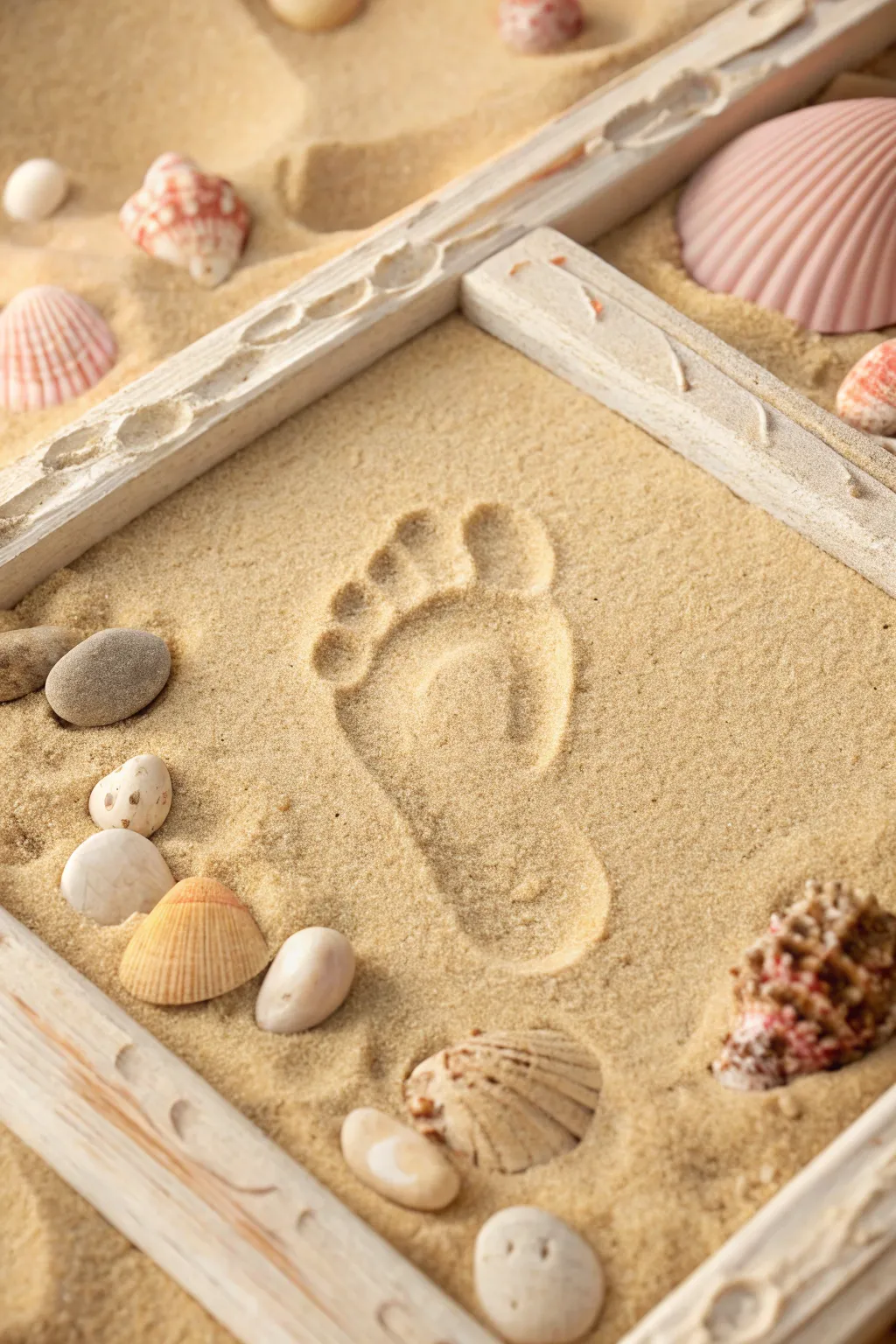 Cherish tiny memories with this serene footprint in the sand art piece.