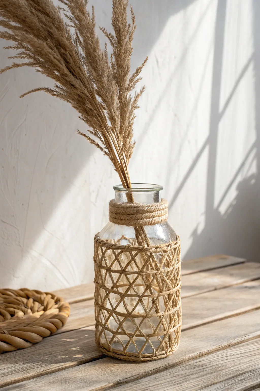 Transform your jars into chic decor with a simple cane wrap, blending Scandinavian minimalism with boho elegance.