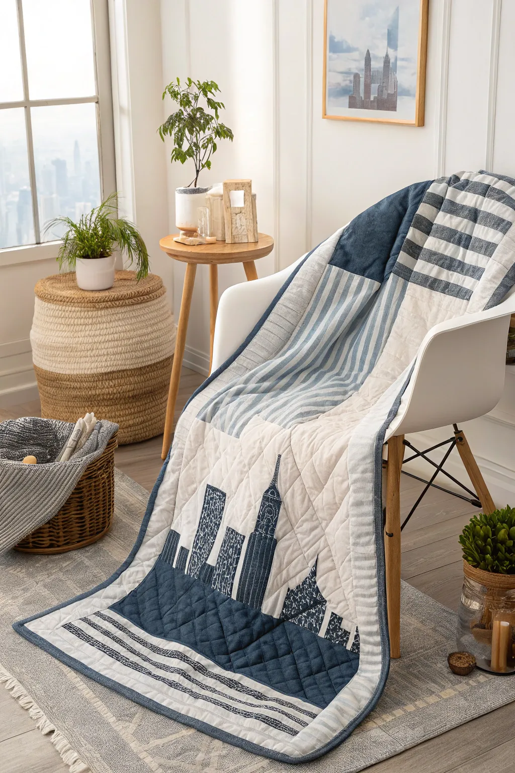 Elevate your space with urban chic: a jean quilt that captures the essence of city sophistication.
