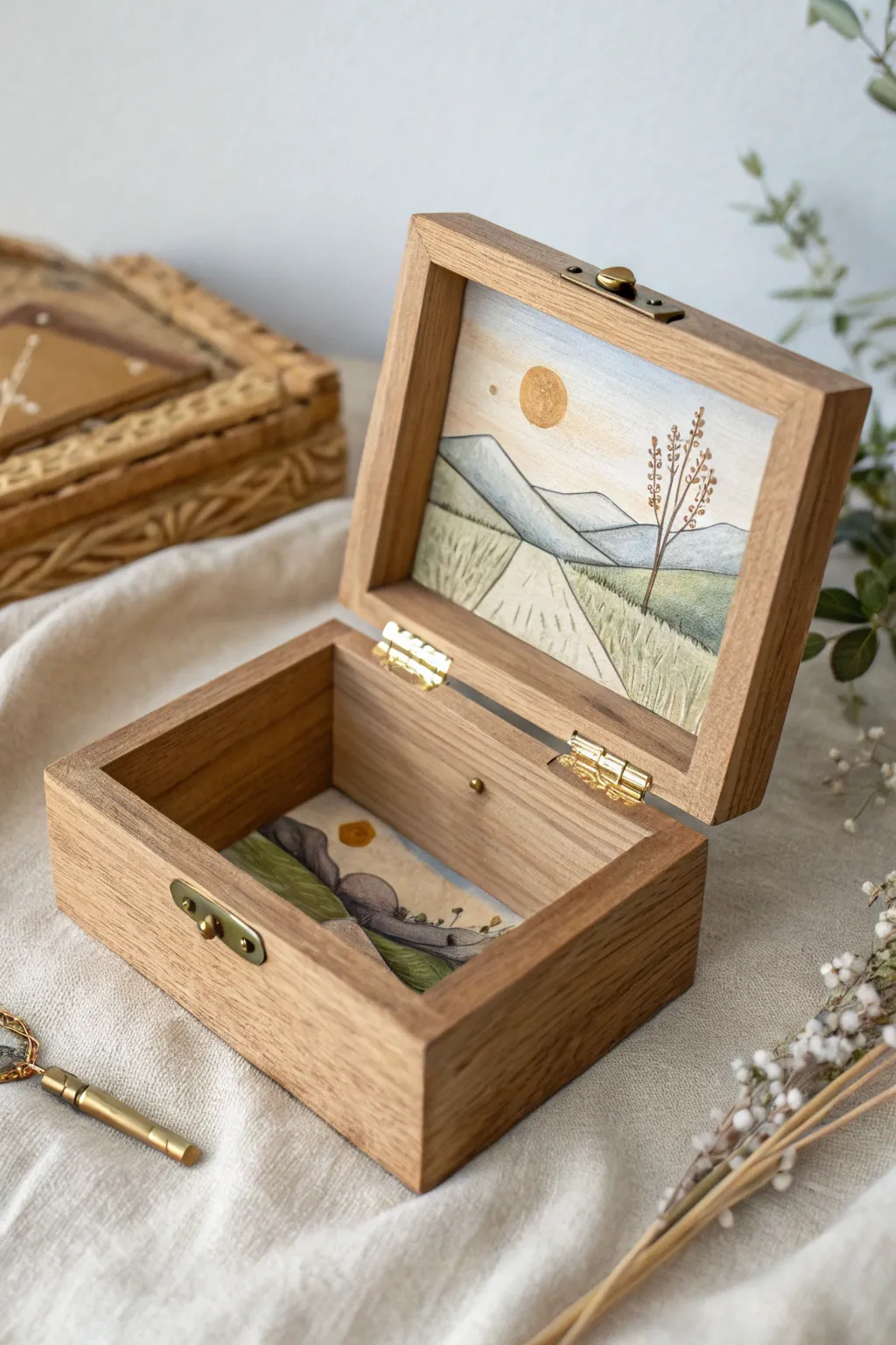 Discover elegance in artistry: a handcrafted jewelry box painted with Nordic tranquility.
